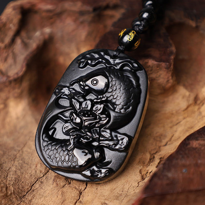 Natural Black Obsidian Koi Fish Lotus Strength Beaded Necklace Pendant