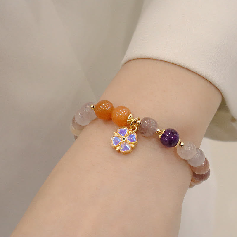 Natural Golden Silk Jade Violet Flower Bead Charm Adjustable Bracelet