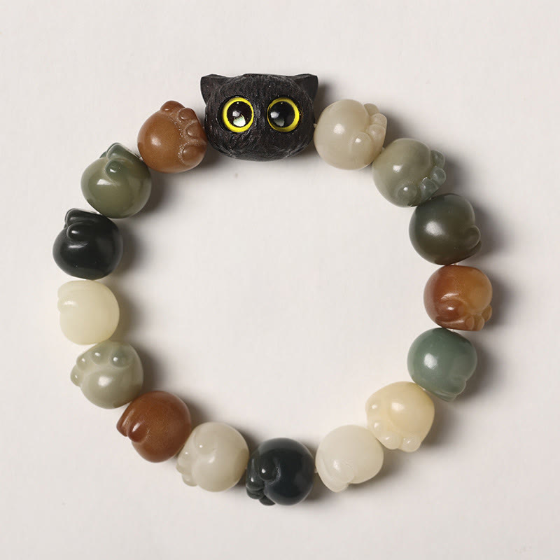 Natural Bodhi Seed Lovely Paw Ebony Wood Lucky Cat Wisdom Bracelet