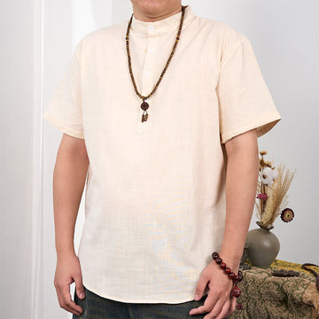 Cotton Linen Stand Collar Short Sleeve Meditation Shirt