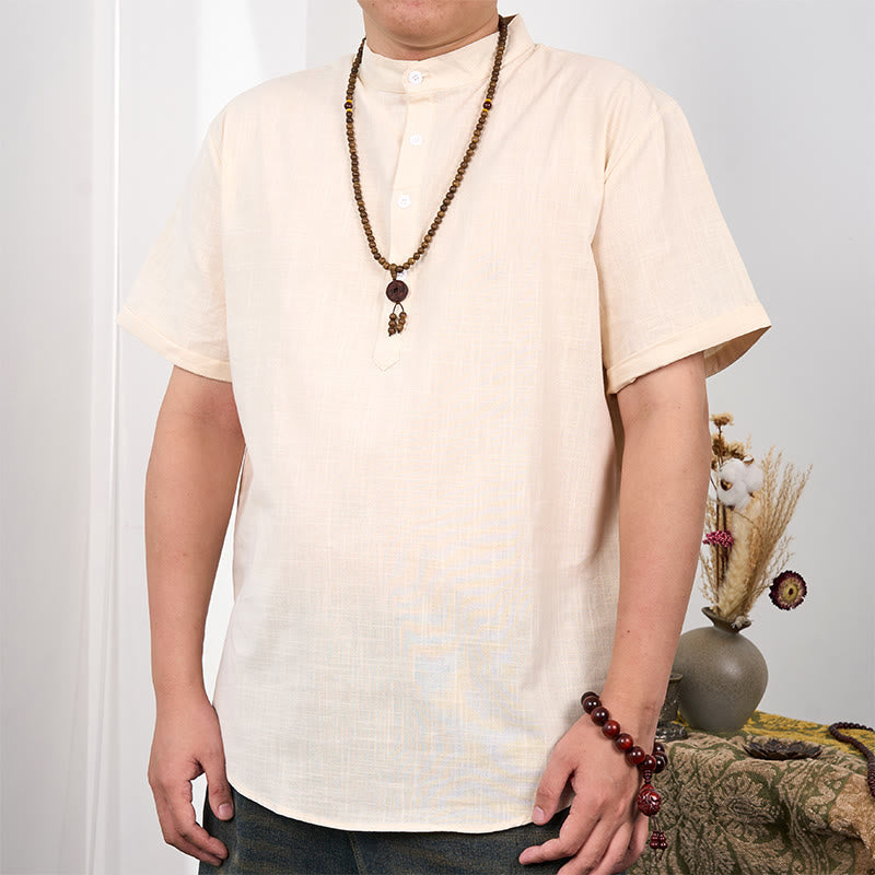 Cotton Linen Stand Collar Short Sleeve Meditation Shirt