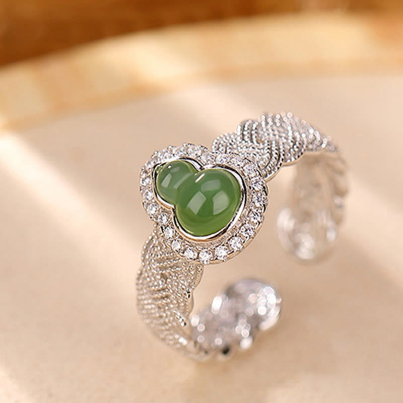 925 Sterling Silver Plated Gold Natural Hetian Cyan Jade Gourd Luck Bracelet Ring Set