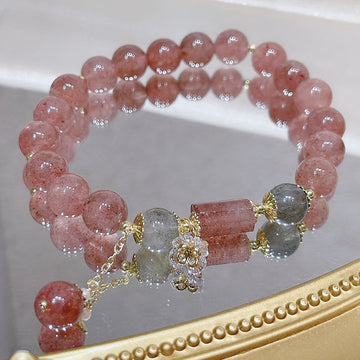 Natural Strawberry Quartz and Moonstone Stretch Gemstone Bracelet