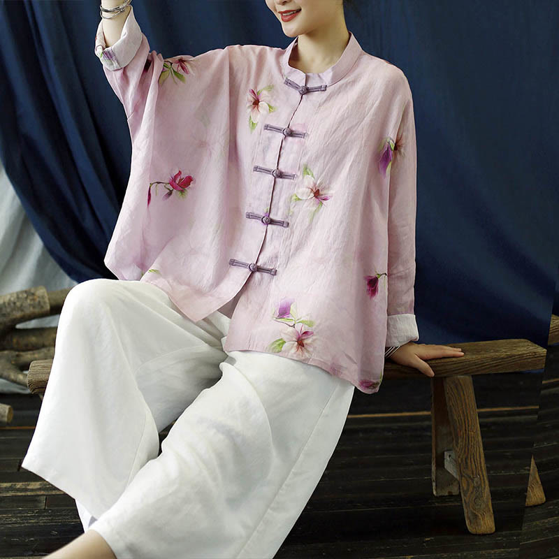 Pink Flower Print Frog-button Design Batwing Long Sleeve Ramie Linen Jacket Shirt