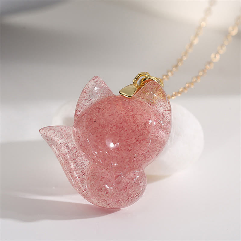 925 Sterling Silver Plated 14k Gold Strawberry Quartz Fox Healing Necklace Pendant