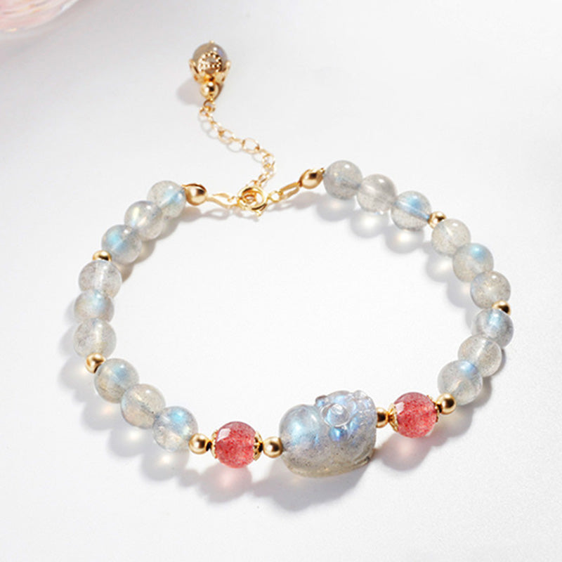Moonstone and Strawberry Quartz Gold Pixiu Beaded Bracelet