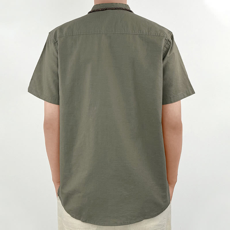 Solid Color Men Short Sleeve Button Linen Shirt