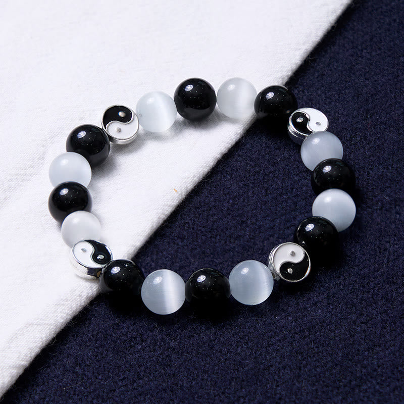 Black Obsidian Cat's Eye Yin Yang Bracelet for Energetic Balance and Inner Fortitude
