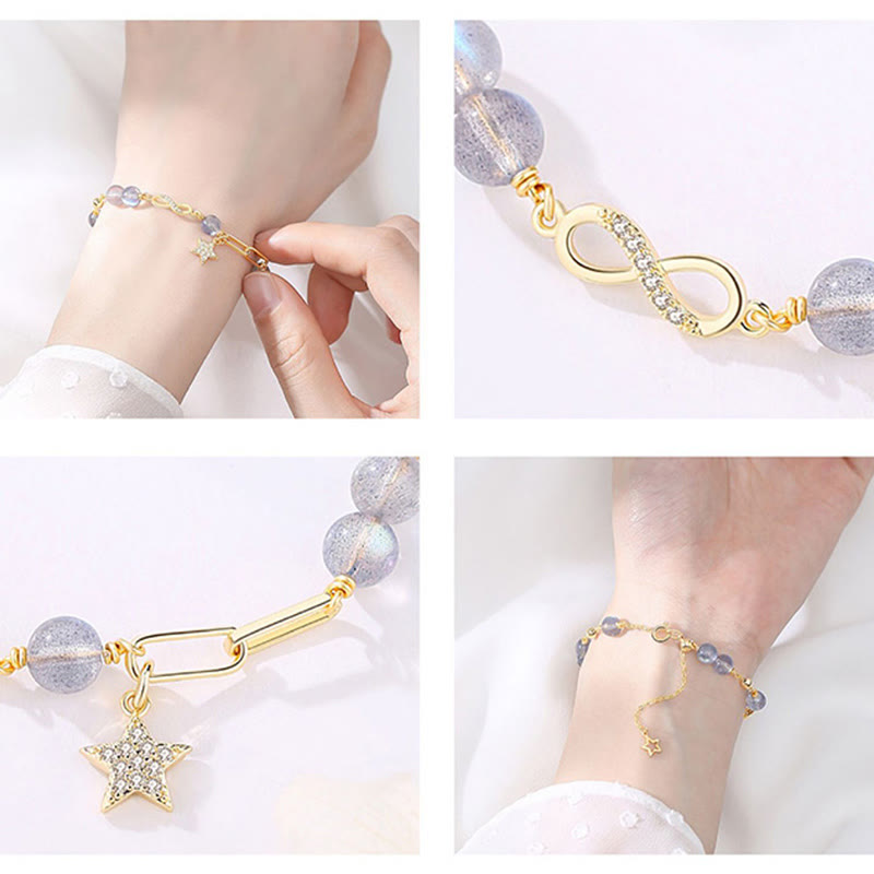 14K Gold Plated Möbius Loop Star Natural Moonstone or Strawberry Quartz Bracelet