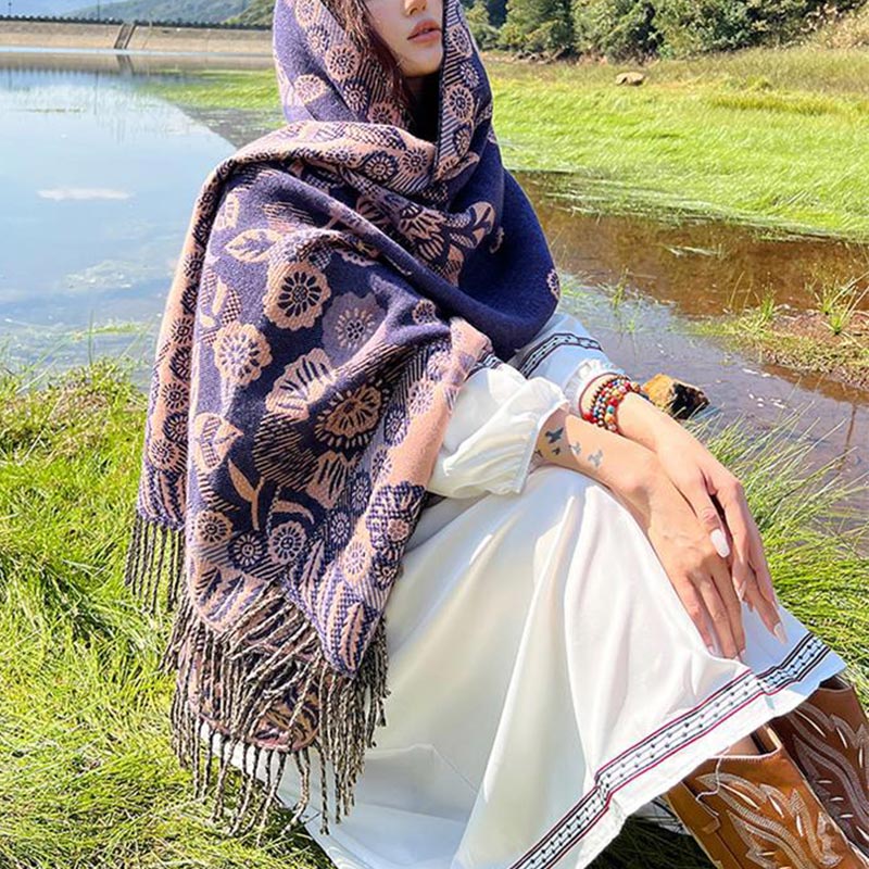 Tibetan Flower Floral Leaves Pattern Design Shawl Cozy Travel Scarf Wrap