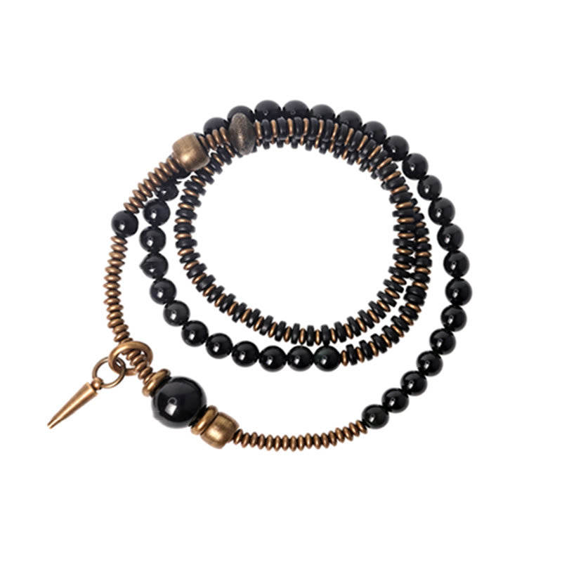 Rainbow Obsidian Ebony Wood Copper Healing Triple Wrap Bracelet