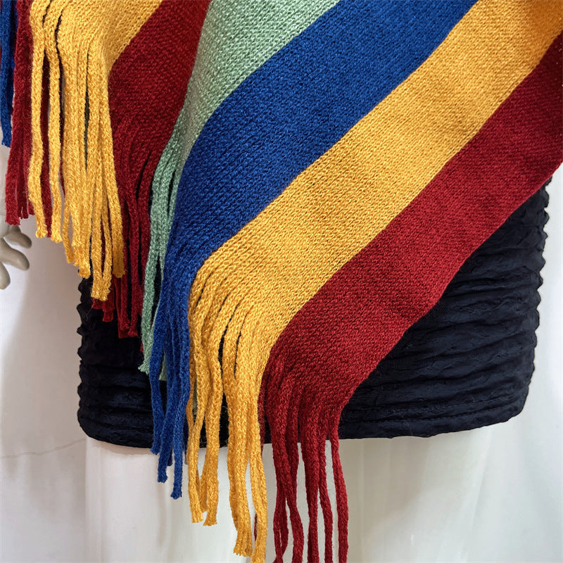 Knitted Striped Tassel Pullover Meditation Shawl Wrap