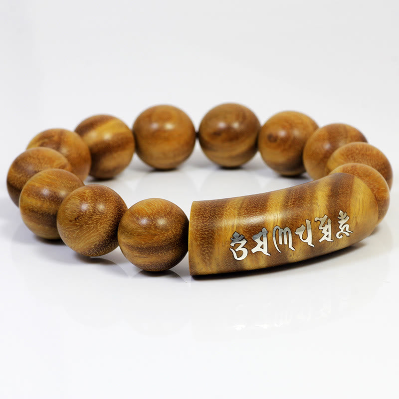 999 Sterling Silver Green Sandalwood Om Mani Padme Hum Dragon Phoenix Dharmachakra Inlaid Peace Bracelet