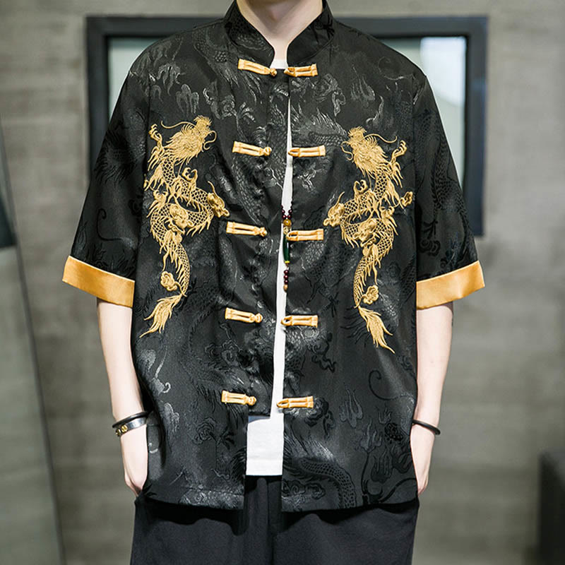Frog-Button Chinese Dragon Embroidery Half Sleeve Shirt Linen Men Clothing