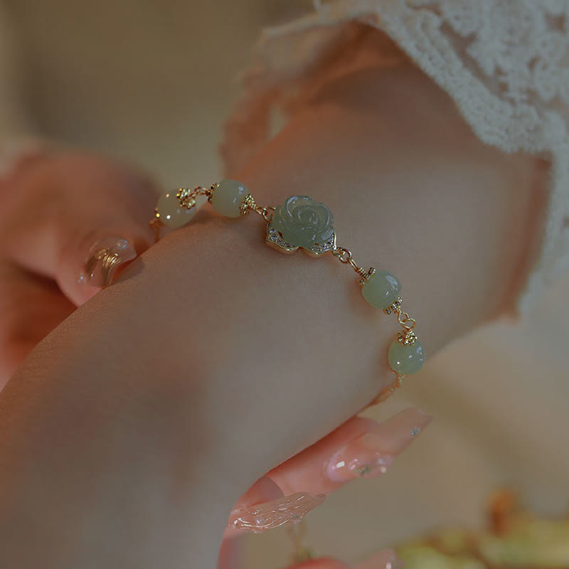 14K Gold Plated Hetian Jade Rose Flower Copper Chain Bracelet