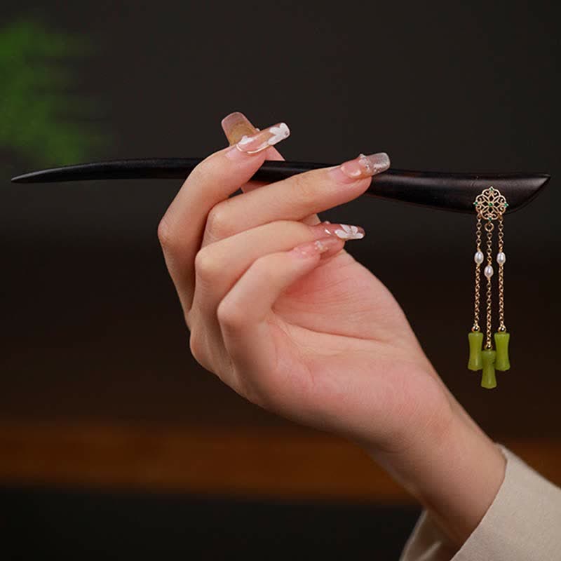 Natural Peridot Ebony Wood Love Tassels Hairpin