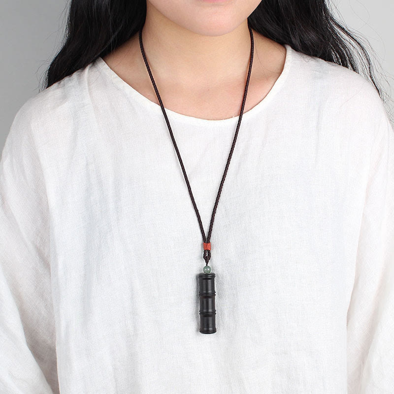 Ebony Wood Bamboo Pattern Ghau Prayer Box Peace Necklace Pendant