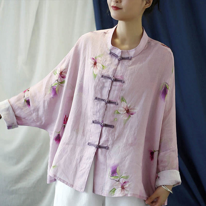 Pink Flower Print Frog-button Design Batwing Long Sleeve Ramie Linen Jacket Shirt