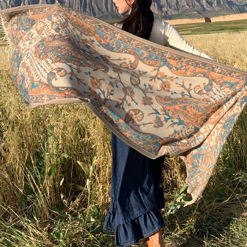 Tibetan Flower Branch Tassel Shawl Cozy Travel Scarf Wrap