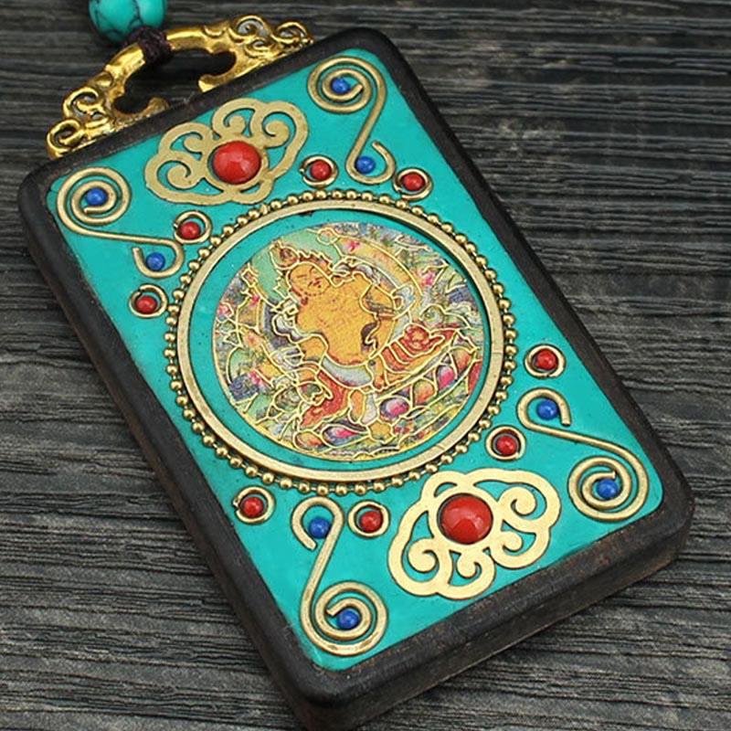 Tibet God Of Wealth Money Tree Golden Phoenix Thangka Ebony Peace Necklace Pendant