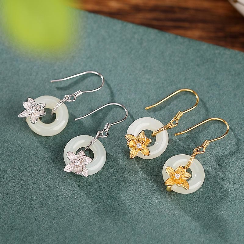 925 Sterling Silver Hetian Jade Peace Buckle Orchid Prosperity Earrings