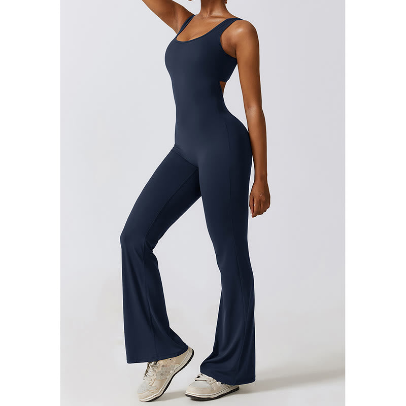 Women Workout Sleeveless Jumpsuit Flare Pants Sports Fitness Yoga Bodysuit