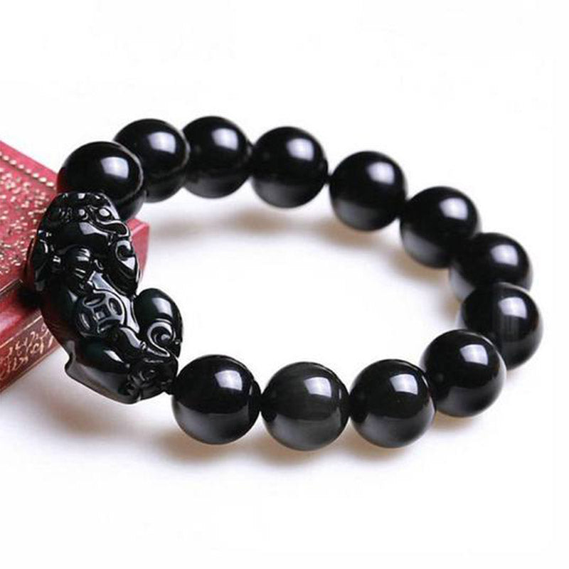 Black Obsidian Beaded Bracelet with Pixiu Symbol
