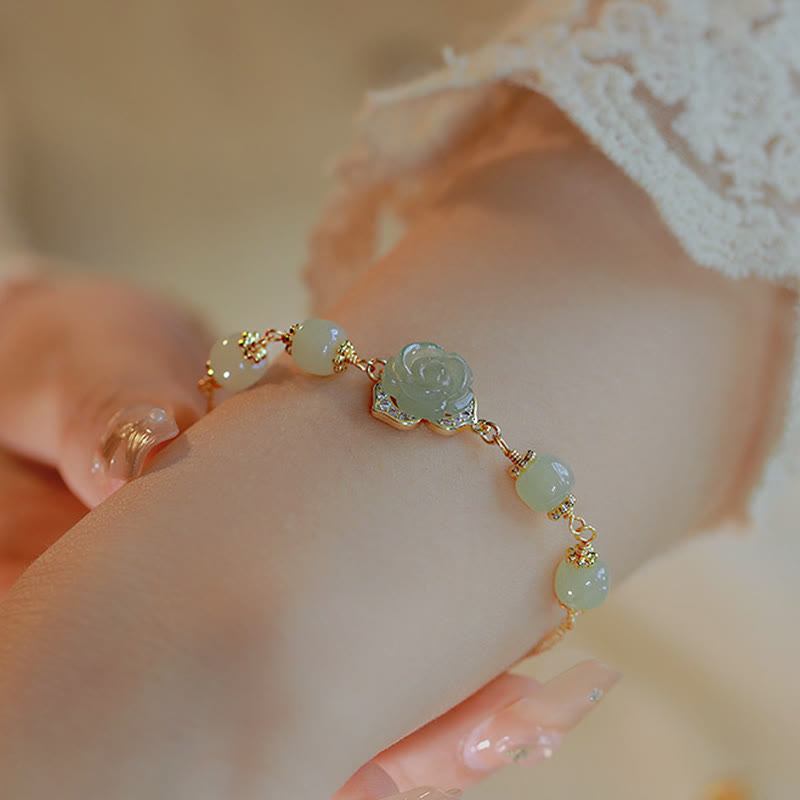 14K Gold Plated Hetian Jade Rose Flower Copper Chain Bracelet