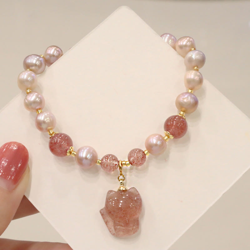 Natural Pearl Strawberry Quartz Cute Fox Love Healing Charm Bracelet