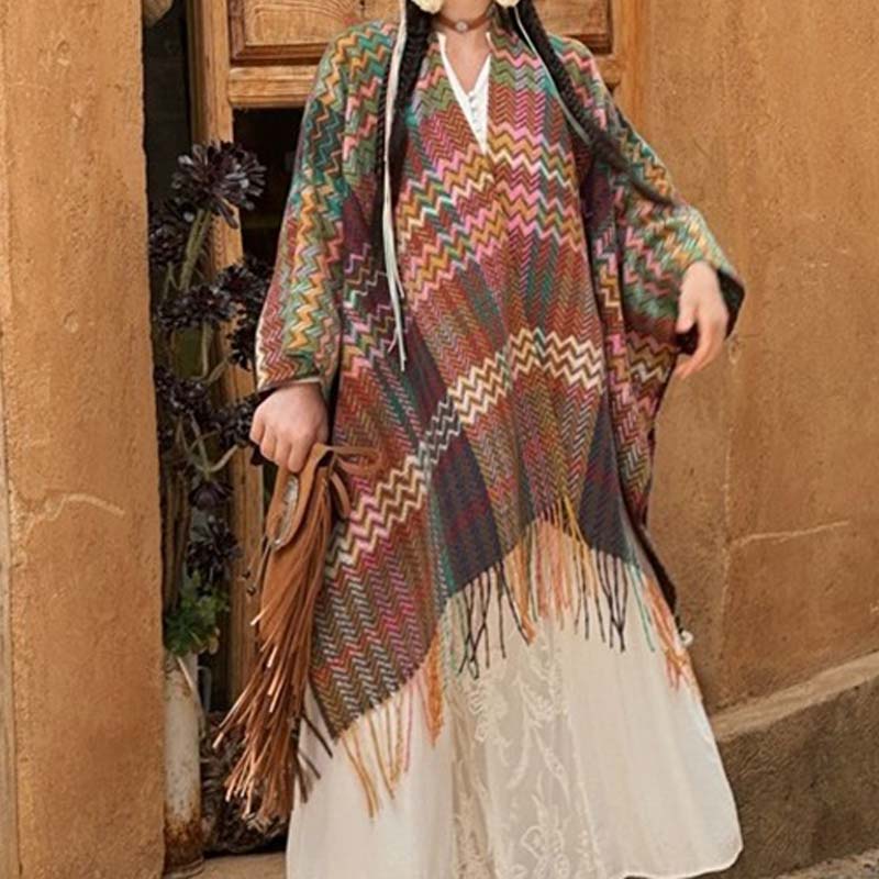 Tibetan Shawl Colorful Wavy Striped Shapes Tassels Winter Cozy Travel Scarf Wrap