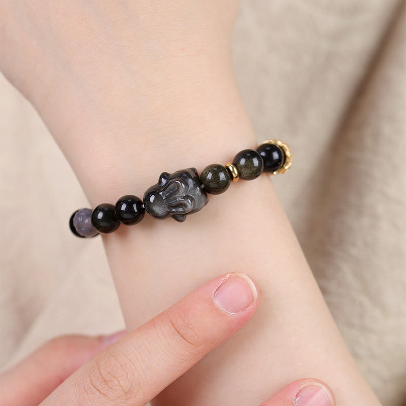 Gold Sheen Obsidian Black Obsidian Silver Sheen Obsidian Cute Rabbit Protection Bracelet