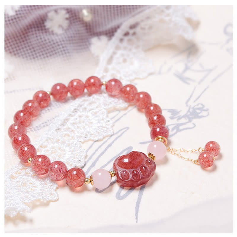 Handmade Rose & Strawberry Quartz Crystal Cat Paw Beaded Bracelet