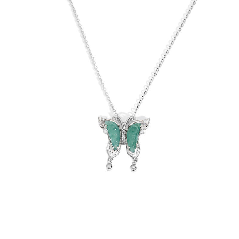 925 Sterling Silver Green Jade Butterfly Luck Necklace Pendant