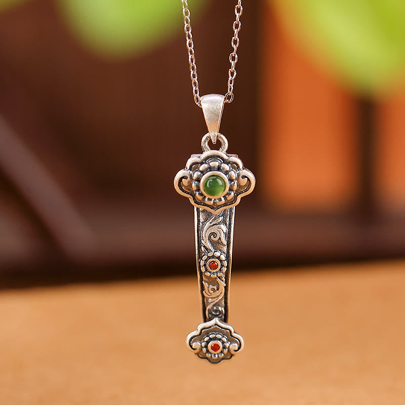 925 Sterling Silver Red Agate Cyan Jade Auspicious Clouds Ruyi Handle Blessing Necklace Pendant