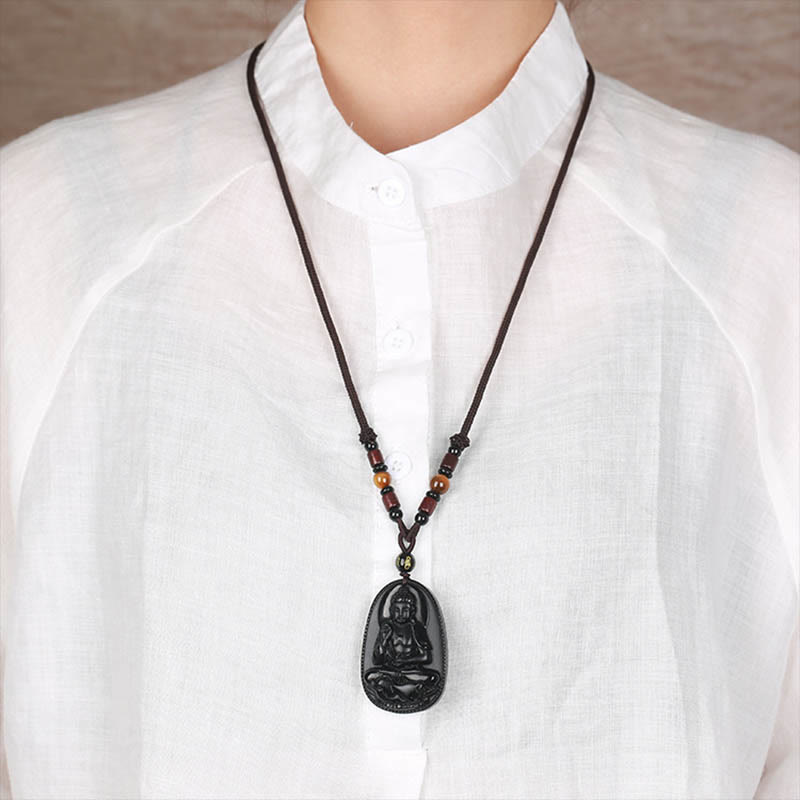 Chinese Zodiac Natal Buddha Natural Black Obsidian Purification Necklace Pendant