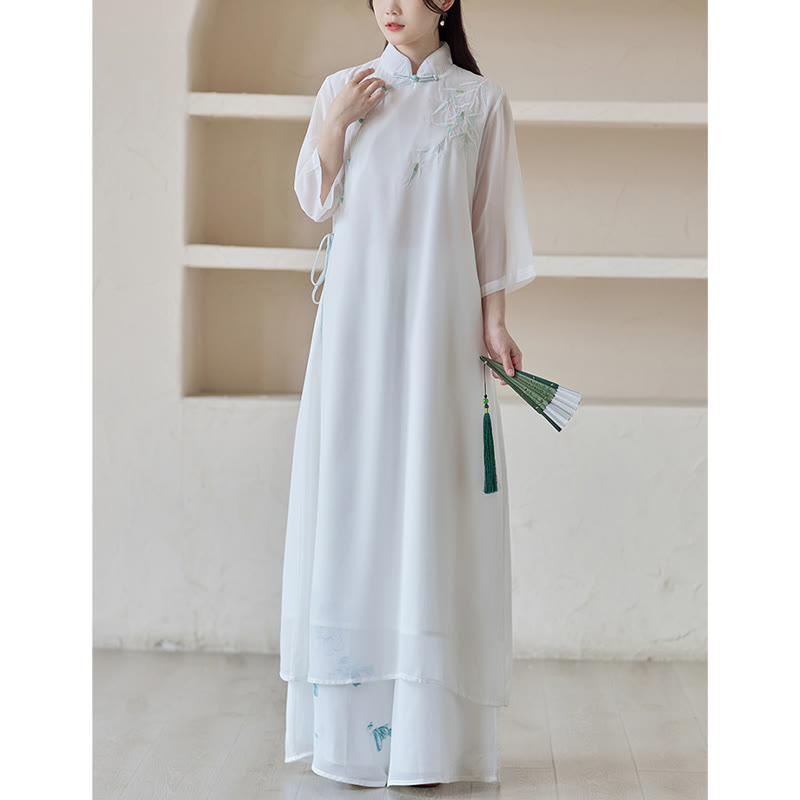 Bamboo Cheongsam Dress Midi Dress Wide Leg Pants Meditation Spiritual Zen Practice Clothing