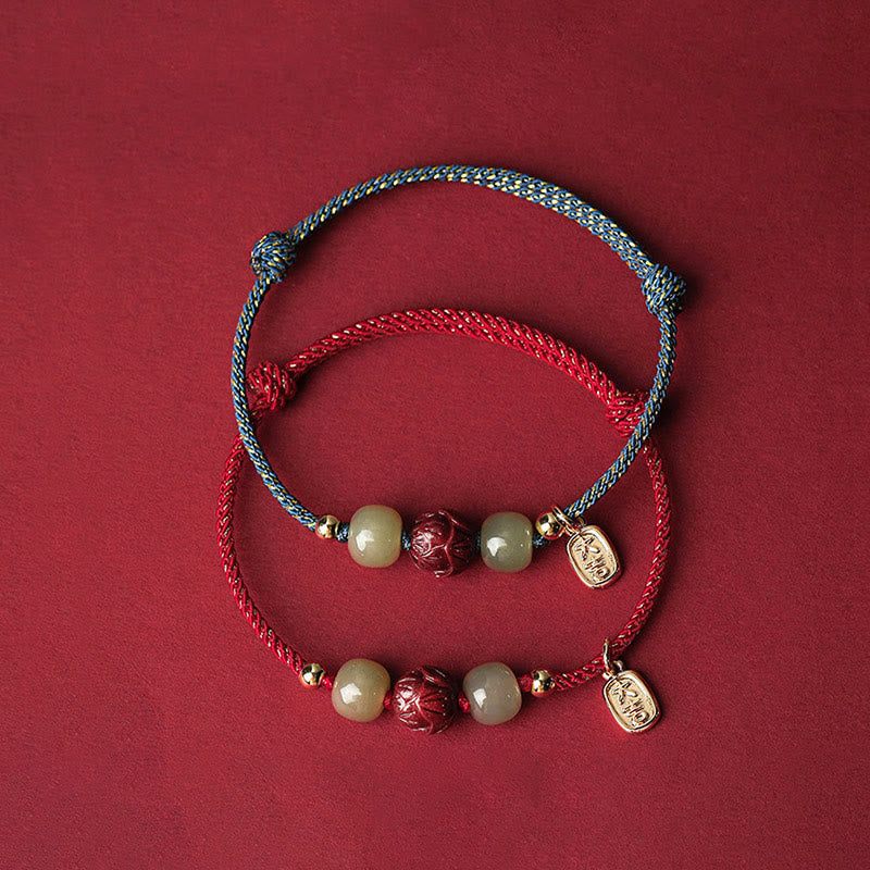 14K Gold Plated Hetian Jade Cinnabar Lotus Luck Handcrafted Rope Bracelet