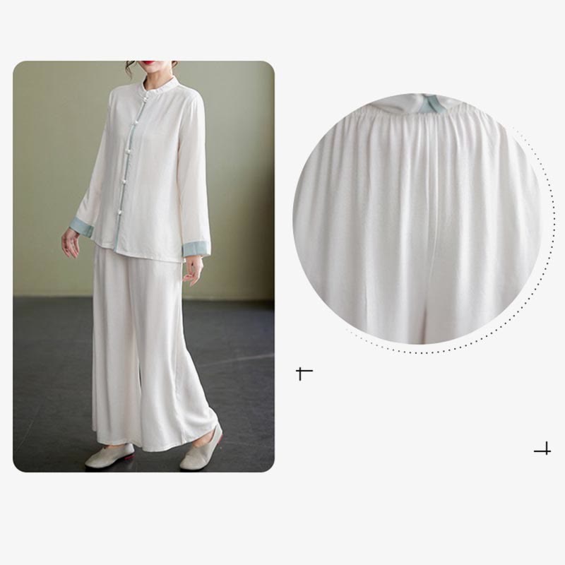 2Pcs Tang Suit Long Sleeve Shirt Top Pants Meditation Zen Tai Chi Cotton Linen Clothing Women's Set