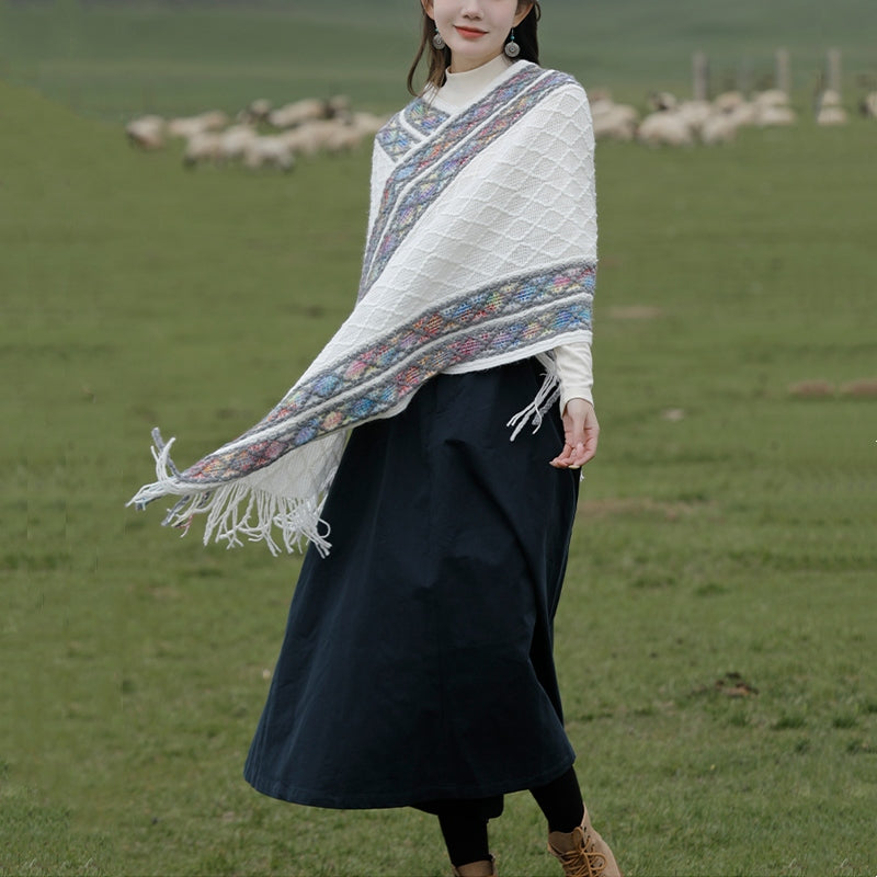 Tactile Knit Geometric Tassel Meditation Shawl Pullover