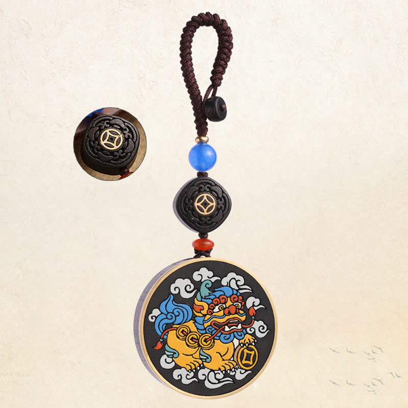 PiXiu Copper Coin Ebony Wood Luck Attract Wealth Key Chain Decoration