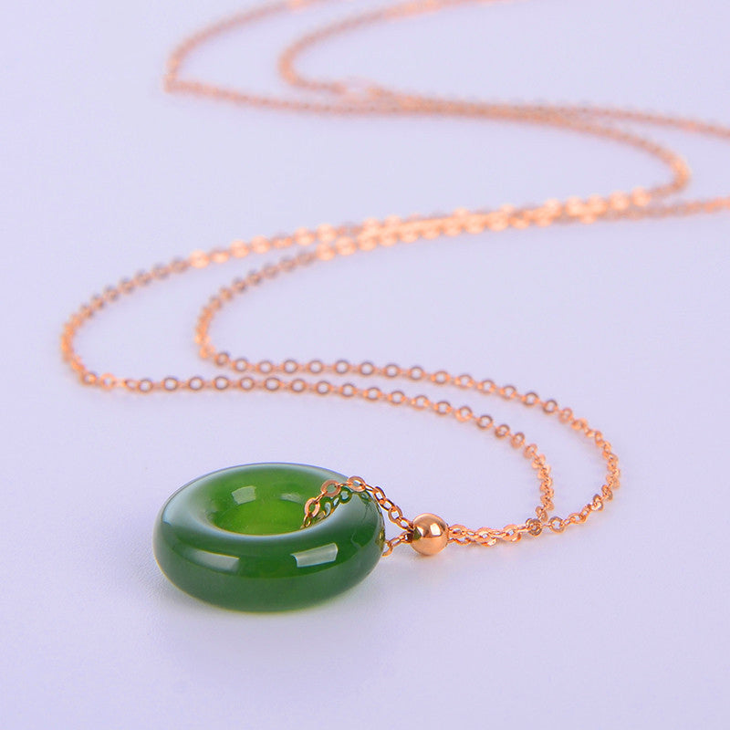 Round Cyan Jade Healing 14k Gold Plated Copper Necklace Pendant