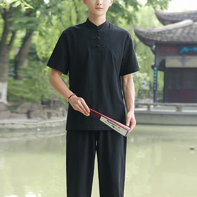 2Pcs Men's Short Sleeve Shirt Top T-Shirt Pants Meditation Zen Tai Chi Cotton Linen Clothing Set