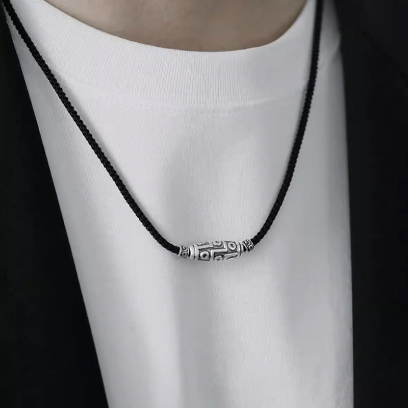 999 Sterling Silver Nine-Eye Dzi Bead Pattern Protection Rope Necklace Pendant