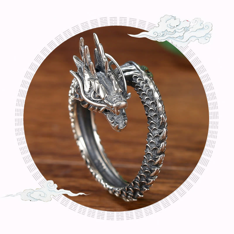925 Sterling Silver Vintage Dragon Success Protection Strength Adjustable Ring