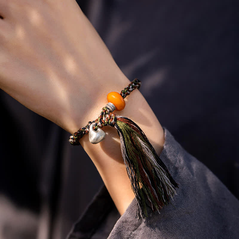 Handmade 990 Sterling Silver & Amber Steelyard Weight Tibetan Style Bracelet