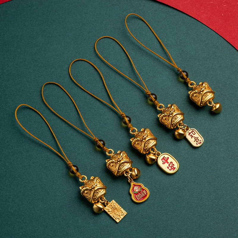 Dancing Guardian Lion Brass Copper Phone Charm with Ping An Kou & Ruyi Symbols