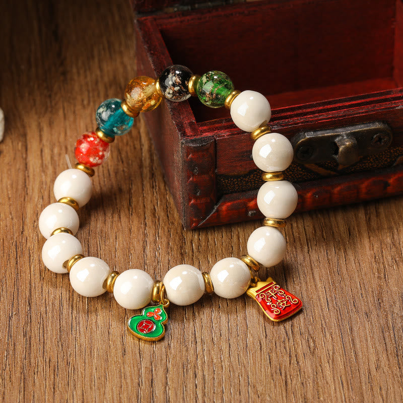 Luminous Liuli Glass & Tibetan Porcelain Beaded Bracelet with Wu Lou Copper Coin Charm