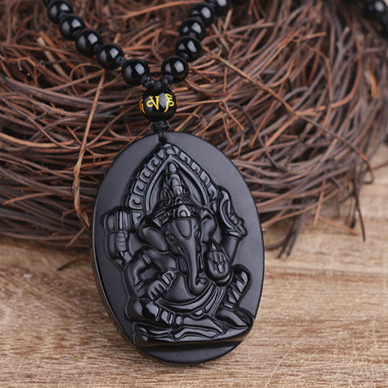 Tibetan Obsidian Ganesh Ganpati Elephant Wealth Amulet Necklace