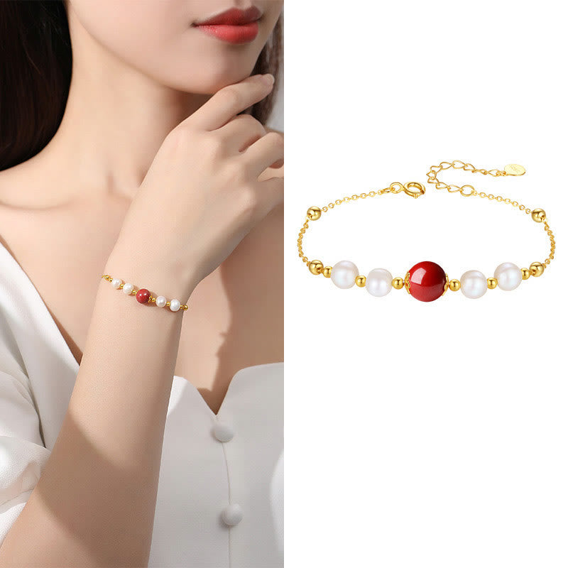 925 Sterling Silver Cinnabar and Pearl Bead Chain Adjustable Bracelet