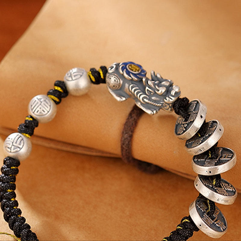 Handmade 999 Fine Silver Pixiu and Copper Coin Fu Character Braided Bracelet